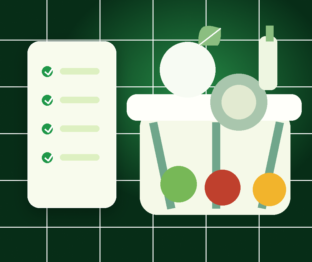 Grocery matrix graphic with everyday foods and checklist card