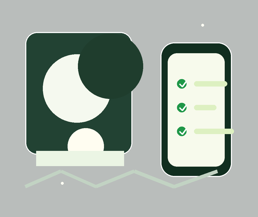 Sleep-wake blueprint graphic with moon, nightstand, and routine checklist