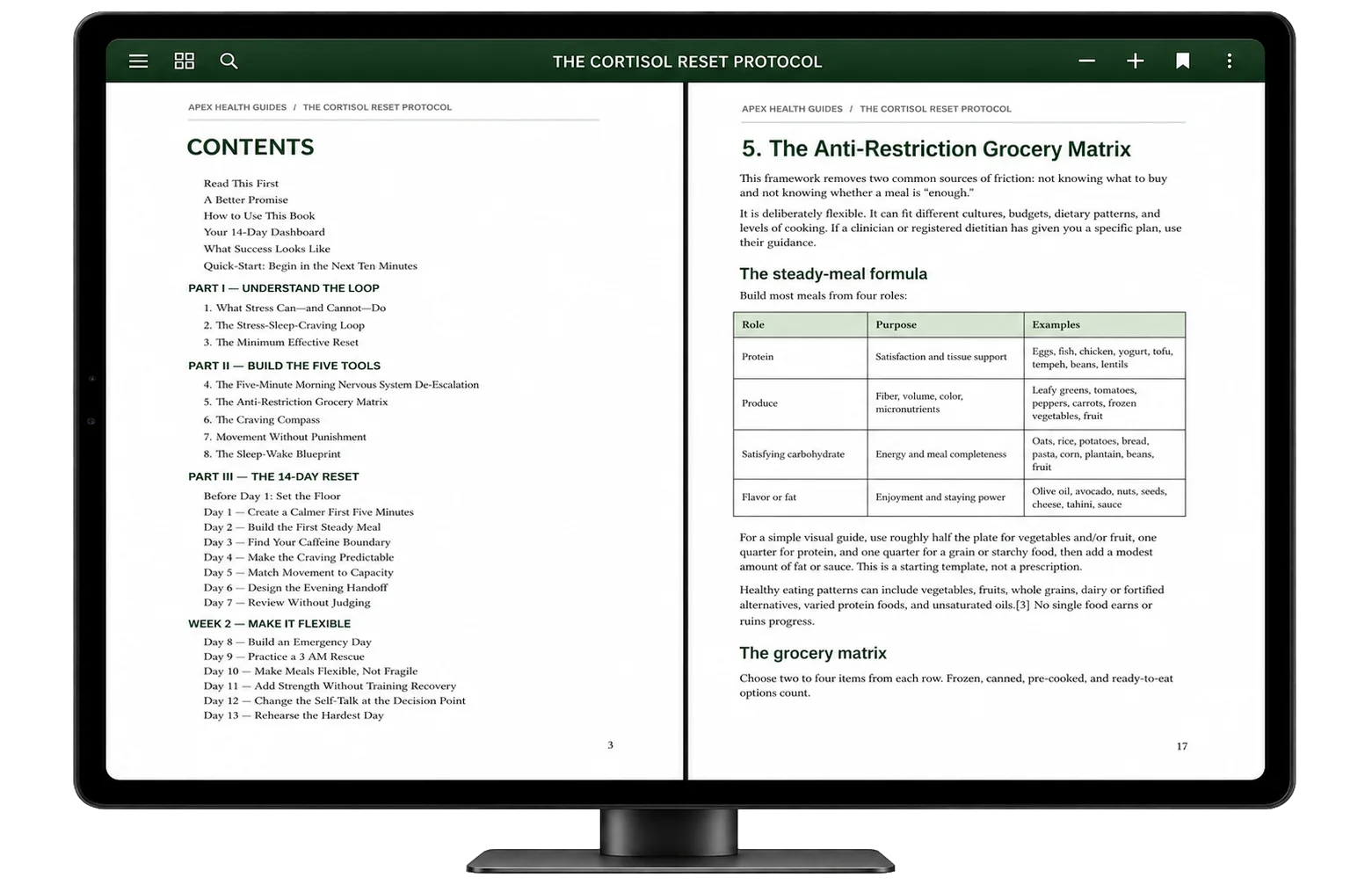 Desktop mockup showing the guide contents and grocery matrix