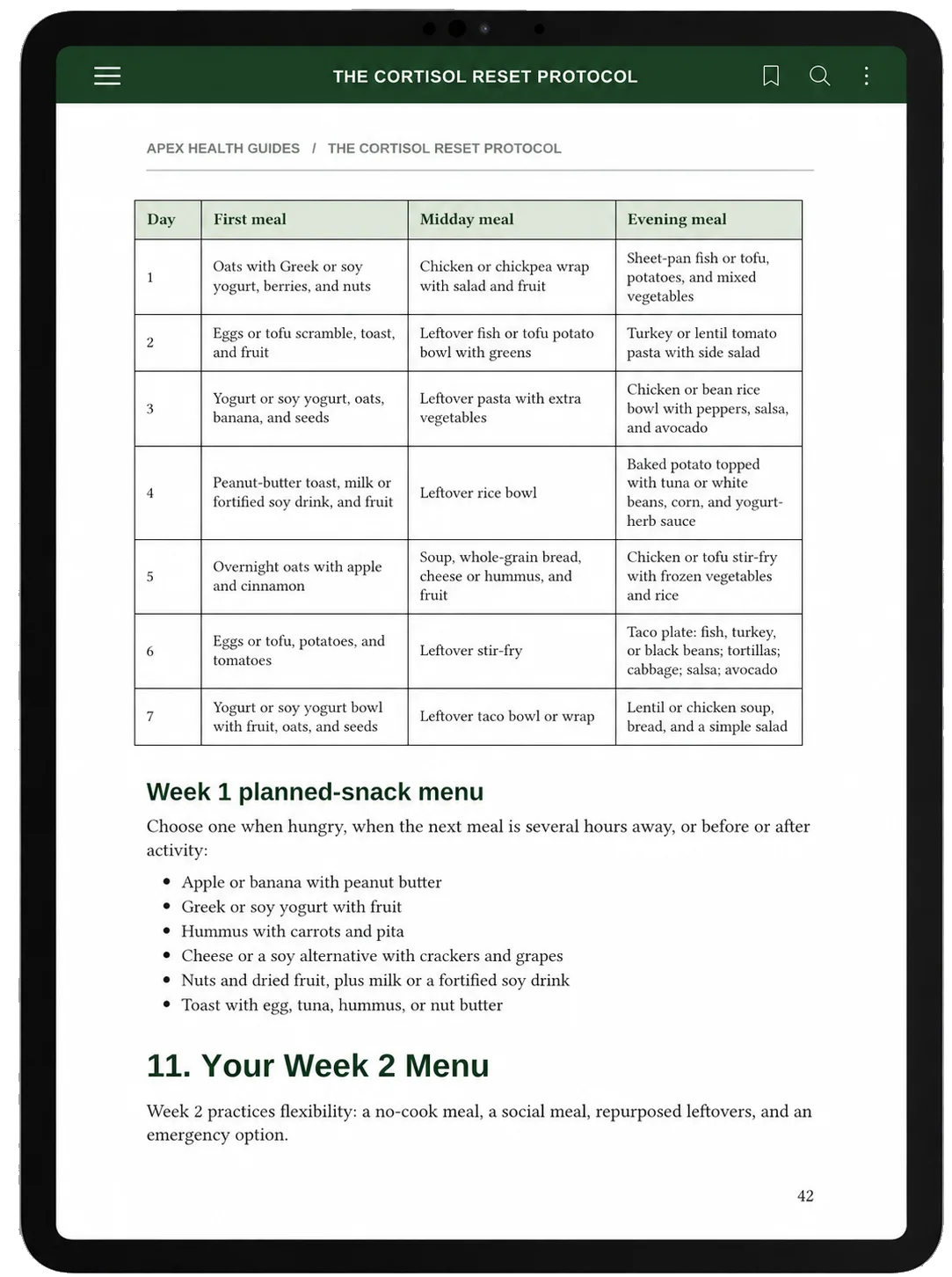 Tablet mockup showing the guide's Week 1 meal plan