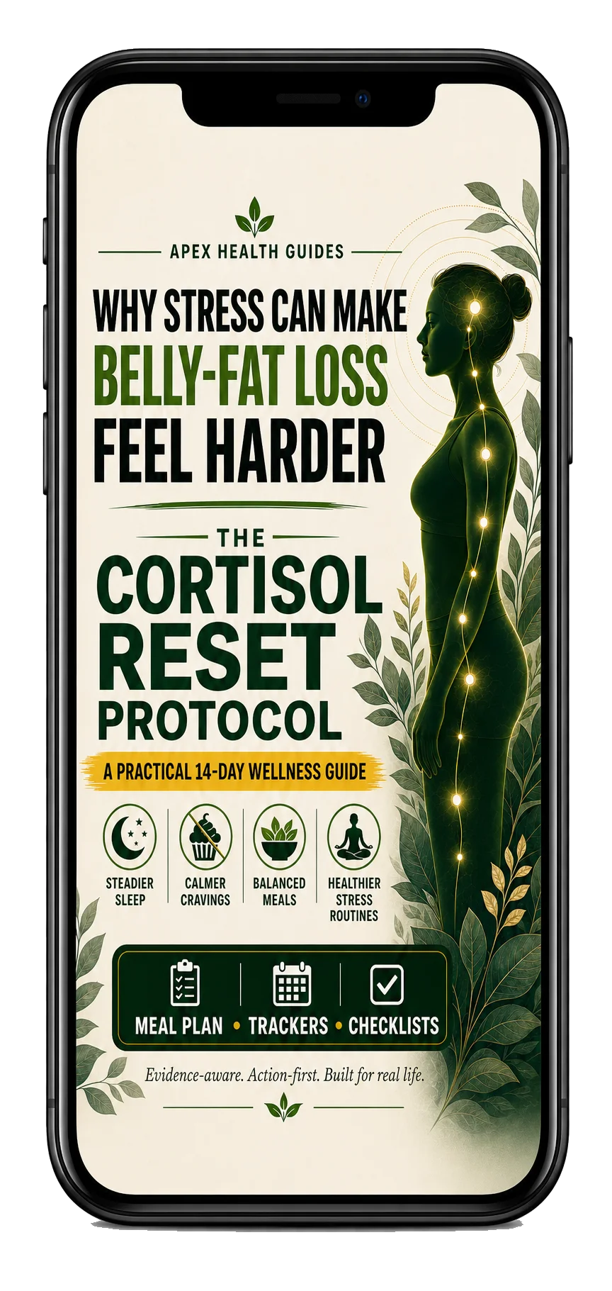 Phone mockup showing The Cortisol Reset Protocol hybrid cover