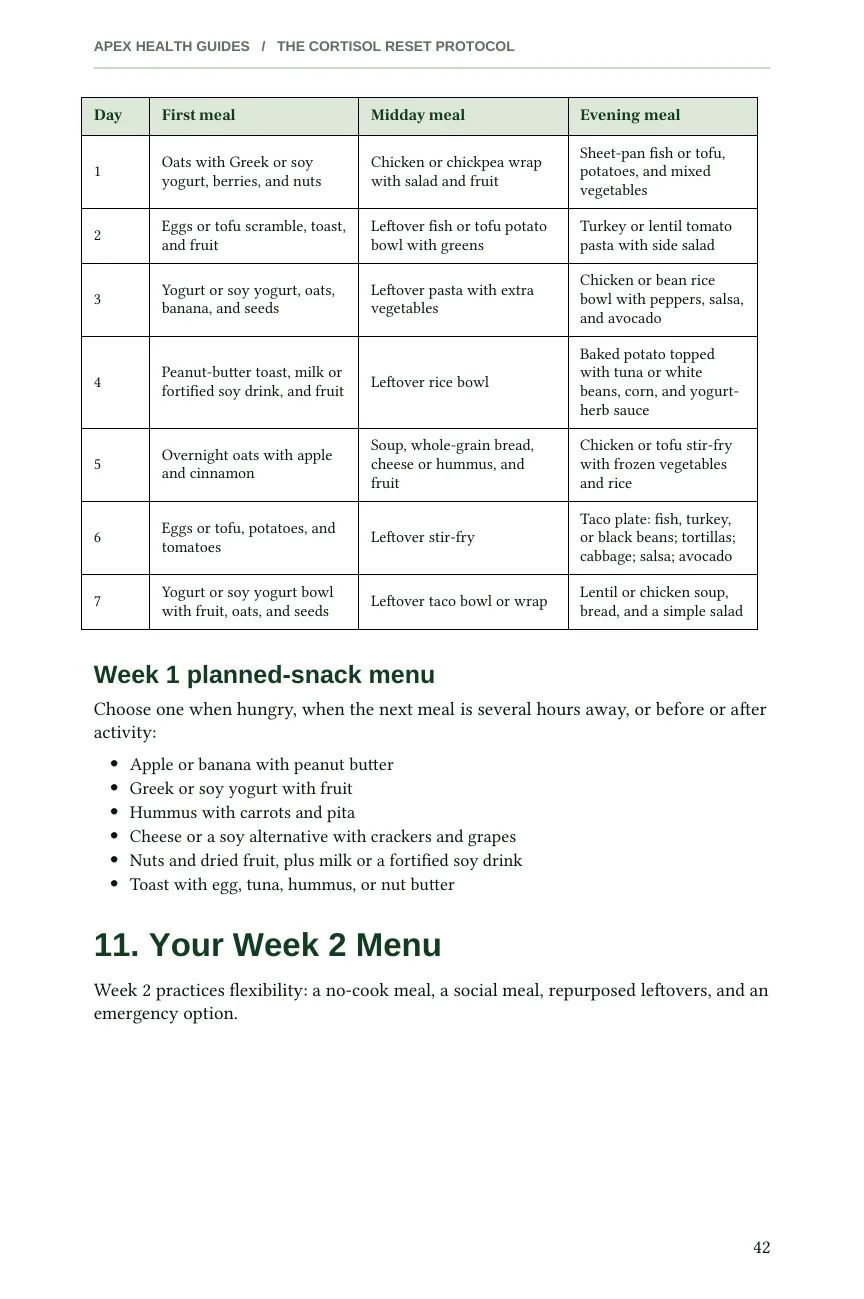 Actual PDF page 42 showing the week one menu table